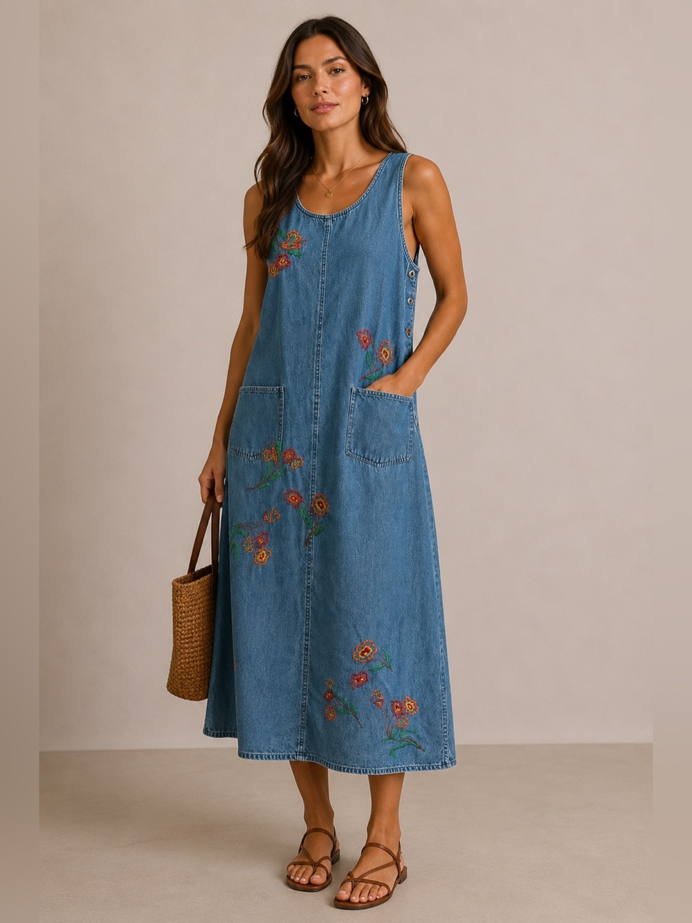 Agapo Denim Maxi Dress Womens M Blue Floral Embroidered Boho Pockets